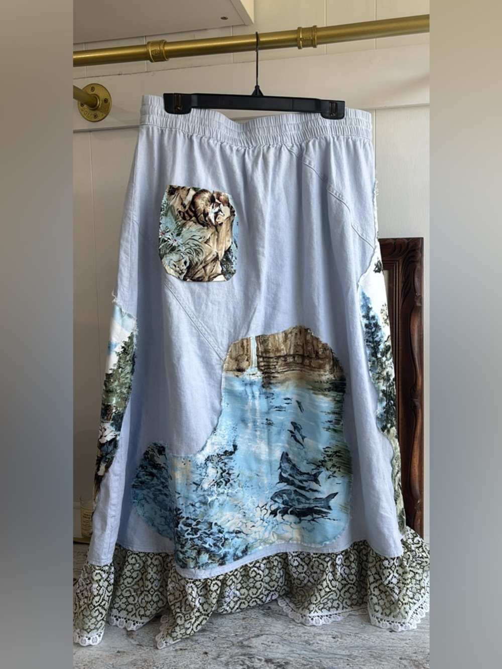 Romantic Garden Long Linen Blend Maxi Skirt Lace Trim Ruffle Print Patchwork - Picture 6 of 11